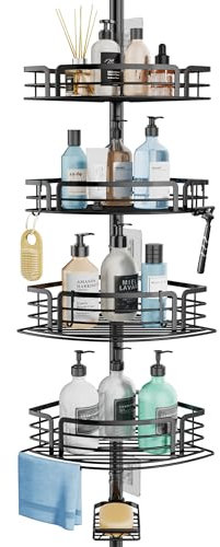 SWTYMIKI Duschablage ohne Bohren Ecke - Höhenverstellbar Teleskop Duschregal Ecke, Shampoo Halterung für Dusche mit 4 Körben, Edelstahl (70-267cm, schwarz)