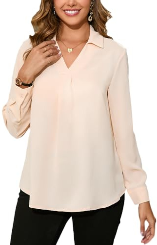 Dosieyeo Damblus, elegant V-ringad tunika med krage, långärmad flödande slip-blus, ledig, lättskött, skjortblus, Beige, S