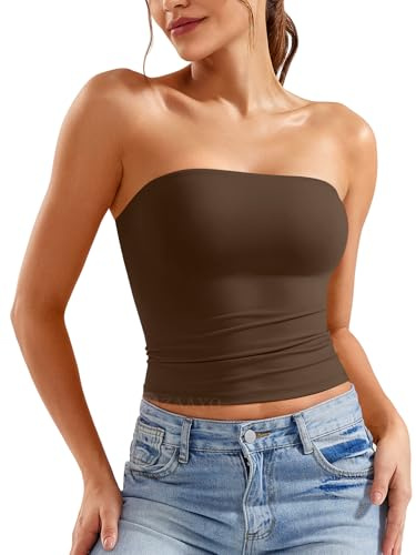 ZAAYO Axelfri tubtopp dam bandeau topp Y2K smal passform crop top sexig sommartoppar dubbelfodrad linne topp, BRUN, L