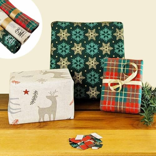 Stoffverpackt Geschenktücher, Geschenkverpackung aus Stoff wiederverwendbar, Geschenktücher Set für Weihnachten, (Set Delightful)