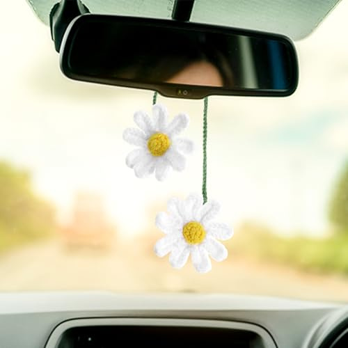 Piriuuo Crochet Daisy Car Accessories for Women, Cute Rear View Mirror Hanging Accessories Handmade Knitted Daisy Flower Car Accessories for Car Decor Automotive Interior Aesthetic