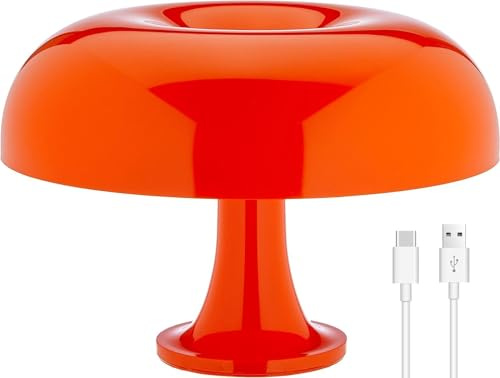 KUXEEY Rechargeable Mushroom Table Lamp – Orange Cordless Touch Lamp | Wireless LED Cool, Warm, White Lighting | Dimmable 4000 mAh Battery Operated | Room Decor Aesthetic Bedroom Funky Design
