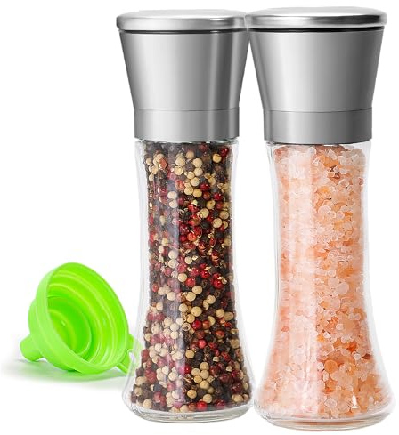 M JINGMEI Premium Stainless Steel Sea Salt and Pepper Grinder Set of 2 - Adjustable Ceramic - Tall Glass Salt and Pepper Shakers - Pepper Mill & Salt Mill W/Funnel (2.6 W x 7.5 H)