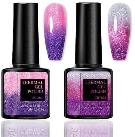 Farbwechsel UV Gel Nagellack Set - 2PCS Temperaturänderung mit Glitzer-Effekt, Lila & Rosa Temperatur Farbwechsel Nagellack Soak Off UV LED Nail Art Gel Lack für DIY Nail Art Maniküre zu Hause (Lila)