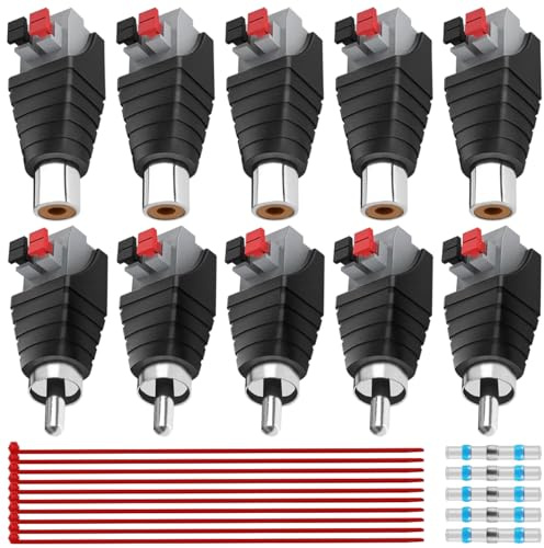 MKBKLLJY 5PCS Speaker Wire Cable to Audio Male Female RCA Connector Adapter Plug Jack RCA to Speaker Wires Adapter Spring Press Type Terminal Non-Soldering with Heat Shrink Connectors Ties, for CCTV