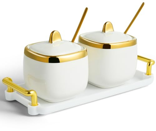 EABOSON Zuckerdose aus Keramik, 2 Stück, Porzellan-Gewürzglas mit Tablett, Löffel und Deckel für Zucker, Pfeffer, Kaffee, Gewürze, Salz (Gold)