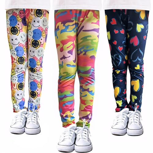 VilyR Flickor tryckta leggings 3-pack småbarn stretch dans löpning yoga sport tights byxor 3-10 år, Kamouflage + marinblått hjärta + leende ansikte, 6-7 År
