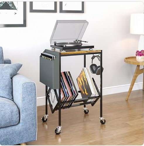 Gemsaya Vinyl Schallplatten Aufbewahrung Ständer, Vintage Plattenspieler-Ständer mit Stauraum, Seitlicher Aufbewahrungsbehälter und offenes Regal, Plattenspieler Tisch mit Rollen
