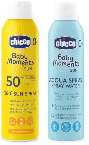 Chicco Set Protezione Solare da Viaggio, Spray SPF50+ 150ML e Acqua Rinfrescante Spray Lenitiva e Idratante, per Pelle Sensibile del Bambino, Resistente all'Acqua, 0 Mesi+