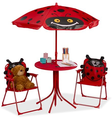 Relaxdays Camping Kindersitzgruppe, Kindersitzgarnitur mit Schirm, Kinderklappstühle & Tisch, Strand & Garten, Farbwahl | Kindersitzgarnitur mit Sonnenschirm, Klappstühlen & Tisch