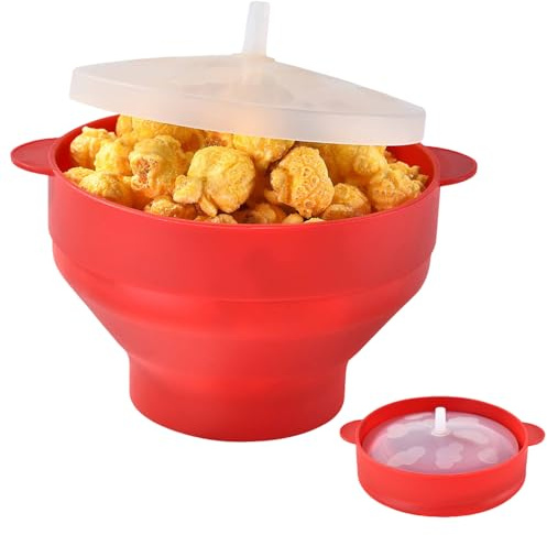 Microwave Popcorn Bowl with Lid Silicone Microwave Popcorn Popper Popcorn Maker Collapsible Popcorn Container BPA-Free Red