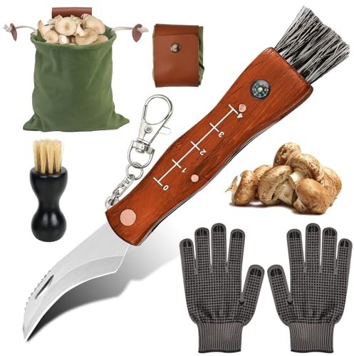 Pilzmesser mit Bürste und Lineal, Tragbar Pilzsammler Set, Edelstahl Klapp Pilzmesser, Schwammerlmesser, Klappmesser, mit Pilzbürste, Handschuhe und Einen Pilzsammelbeutel, Geschenke für Pilzsammler