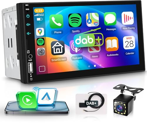 Rimoody Sans Fil Carplay Autoradio 2 Din avec DAB Adaptateur Android Auto iOS/Android Mirror Link 7 Pouces Écran Tactile Autoradio Bluetooth FM Radio DAB+/DAB/USB/EQ Commande au Volant Caméra de Recul