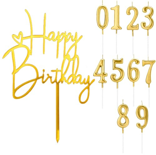 Gleevio Gold Happy Birthday Tortendeko mit Geburtstagskerzen Zahlen 0-9 | Tortendeko Geburtstag, Cake Topper Happy Birthday Deko Torte, Acryl Kuchendeko Geburtstag 1,6,7,9,18,20,30,40,50,60
