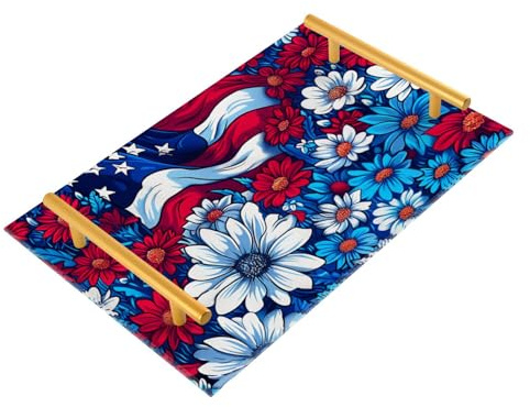 Flores con elementos de la bandera americana, bandeja decorativa de plástico con asas, bandeja para sala de estar, para joyas, perfumes, para servir charolas para servir comida