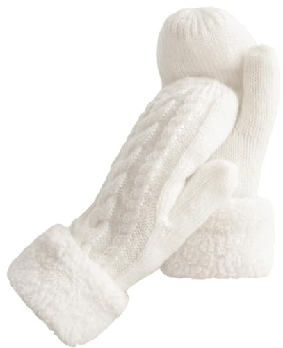 QINQINZIJIN Guanti Donna Invernali, Guanti Donna Invernali Termici, Muffole da Donna in Maglia con Fodera in Pile Manopole, Ideale per Tempo Freddo, Corsa, Ciclismo, Arrampicata, Sci (Bianco)