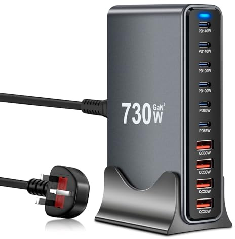 730W GaN III USB C Charging Station Hub, 10-Port USB Power Hub with 6 USB-C PD 140W/100W/65W & 4 USB-A QC, Fast Multi Charger Station Block Compatible with Pad, Phone, Laptop, Tablet