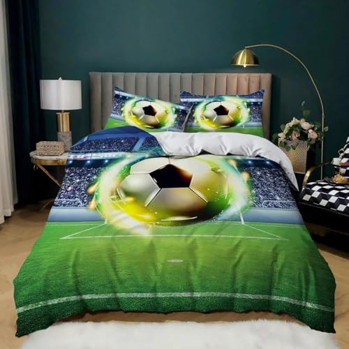 Set Copripiumino Matrimoniale 260x240 cm Palloni da Calcio Biancheria da Letto Sport in Morbido Microfibra 3 Pezzi 1 Copripiumino e 2 Federe 50x80 cm con Cerniera d-594