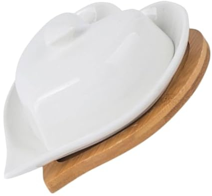 DIYEAH Juego de Mantequillero de Cerámica Forma de Corazón y Tapa, Soporte para Almacenar Mantequilla Base de Madera para Cocina y Decoración Elegante