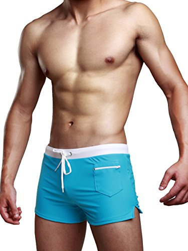 WANYING Herren Wassersport Schwimmen Trunks Tiefer Bund Badeshorts Badehosen mit Reißverschluss Taschen Schnelltrocknend - Blau Größe M