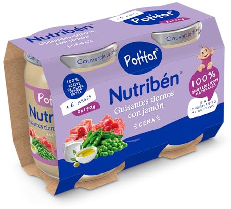 Nutribén Potitos, Tarrito de Cena Guisantes Tiernos con Jamón| Para Bebés a partir de 6 Meses, Sin Azúcares Añadidos, Sin Almidones, Ingredientes Naturales y Saludables, Pack 2 Unidades de 190g, 380g