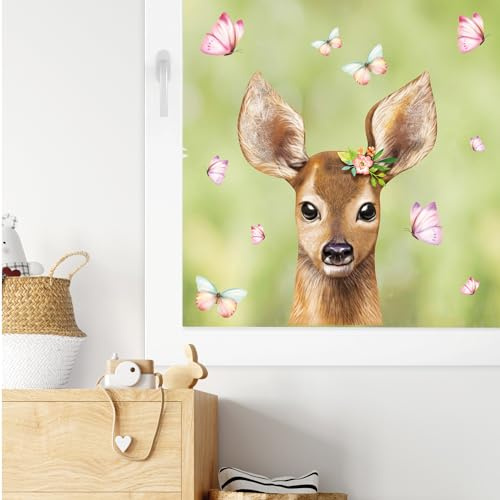 Wandtattoo Loft Fensterbilder Frühling REH mit Blume Motiv – A4 Bogen, Wiederverwendbar – Frühlingsdeko Fenster, Frühlingsbild Fenster, Fensterdeko Frühling, Fensterfolie Frühling Selbstklebend