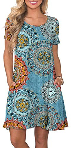 AUSELILY Women's Summer Dresses Casual T-Shirt Short Sleeve Dress Loose Swing Short Dress with Pockets