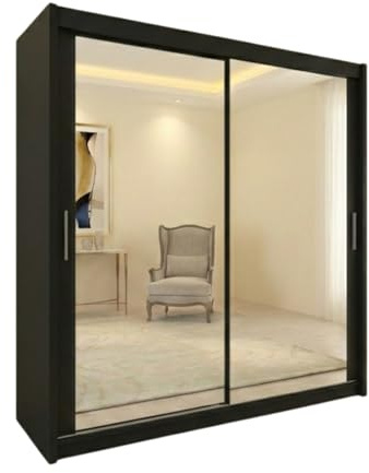 INTERWOOD Double Full Mirror Sliding Door Wardrobe - 2&3 Doors Wardrobe with Hanging Rail, Adjustable Shelves, Chrome Handles | Sturdy MDF Bedroom Wardrobes for Bedroom Furniture (Black 180cm)