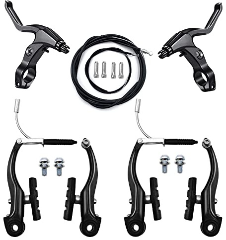 Hmseng V-Type Bike Brake Set, Complete Universal Bike Front and Rear MTB Brake, Bicycle Brakes, Inner and Outer Cables, Include Brakes Lever Calipers Multi-Tool Wrenches-Dark Black