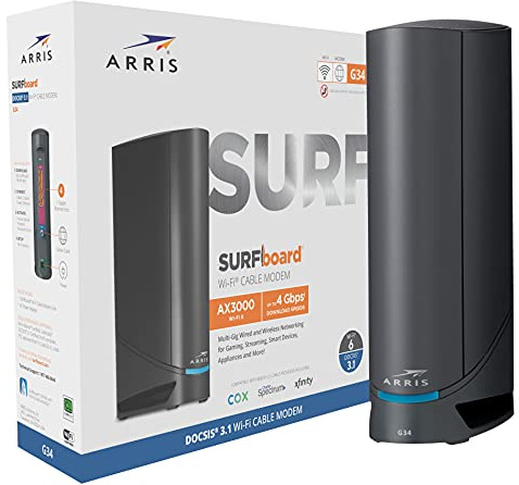 ARRIS Surfboard G34 DOCSIS 3.1 Gigabit Cable Modem & AX3000 Wi-Fi 6 Router, Approved for Cox, Spectrum, Xfinity & Others (Renewed) black