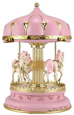 KYUSAR Spieluhr Spieluhren Karussell Runde Spieluhr Kreativer Kunststoff Leuchtender Luxustraum Spieluhr Mit 3 Pferden Geburtstag Spieldose Musikdose (Blue : Pink, Size : 12.2 * 19.5cm)