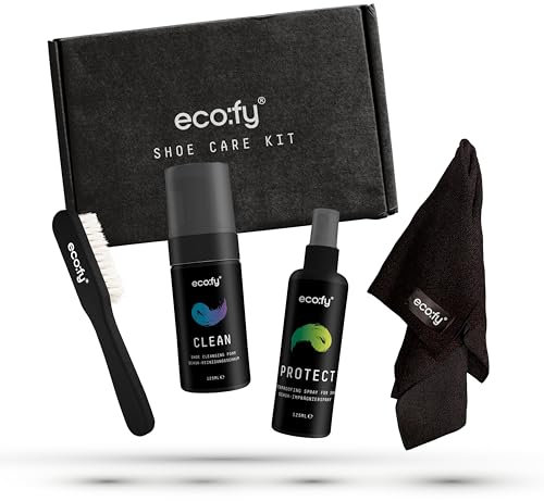 eco:fy Schuh Pflegeset - Reinigungsset mit Imprägniermittel, Sneaker Cleaner und Pflege, mit 125ml Reinigungsschaum und 125ml Imprägnierung für alle Materialien inkl. Bürste und Microfaser Tuch