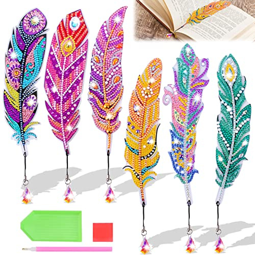 UMILKI Diamond Painting Lesezeichen, 6 Stück, Diamantmalerei, Feder mit Anhänger, Bastelgeschenke