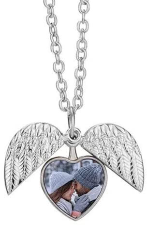 Personalised Own Photo Angel Wings Heart Necklace Locket Pendant Wedding Memorial Birthday Gift