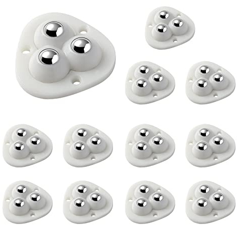 Ruedas Autoadhesivas, 12 Mini Ruedas de Rodillo, Ruedas Pequeñas, Rodillo de Bola Plano de 360° con 3 Orificios de Montaje, para Muebles Pequeños, Caja de Basura, Proyectos de Bricolaje (Blanco)