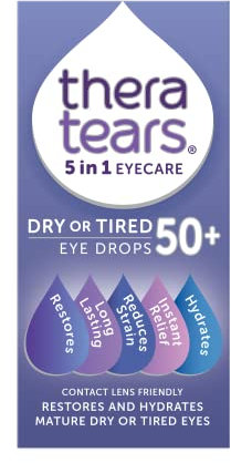 TheraTears Dry or Tired Eye Drops 50+ | Restores and Hydrates for Mature Dry or Tired Eyes | Contact Lens Friendly | Long-Lasting Relief | Preservative Free 5 in 1 Eye Care Drops | 10ml