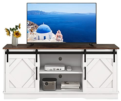 Meuble TV avec 2 portes coulissantes classiques, buffet de rangement, design ferme, avec étagères réglables, pour salon, salle à manger, meuble TV bas, en bois, 150 × 40 × 60 cm, blanc