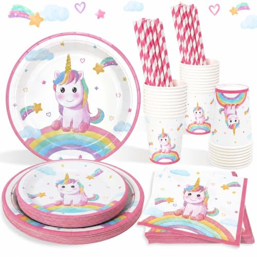Heboland Set Stoviglie Unicorno Compleanno, 125pcs Rosa Decorazioni Unicorno Compleanno Bambina Piatti, Tovaglioli, Cannucce, Tazze per Primo Festa Bimba - 25 Ospiti