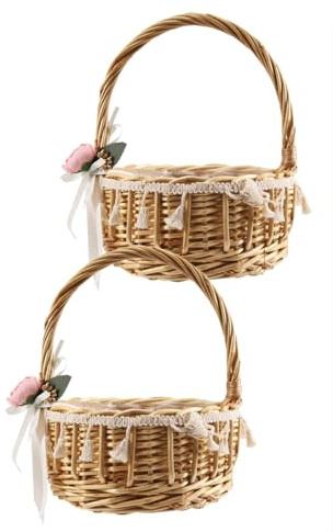Povxlum 2 Stück Lace Gewebter Blumenkorb, Blumenkörbchen Hochzeit für Kinder,Körbchen mit, Handgefertigter Blumenkorb mit Schleife Streukörbchen Hochzeit Kinder