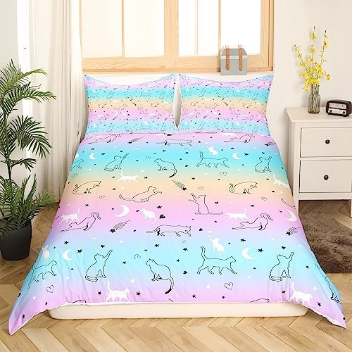 Kinder Katze Bettwäsche Set 135x200 Verlaufslinie Nette Katze Bettbezug für Teens Schöne Cartoon Haustier Katzen Tröster Bezug Kätzchen Bettwäsche Katze Liebhaber Tier Thema Design Schlafzimmer Dekor