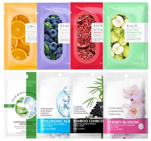 Sheet Masks, Natural Plant Extract Facial Masks Skincare, 8Pcs Korean Face Masks for Hydrating, Moisturizing, Deep Cleansing Pores, Nourishing, Anti-aging for All Skin Types (Multicolored-Set 1)