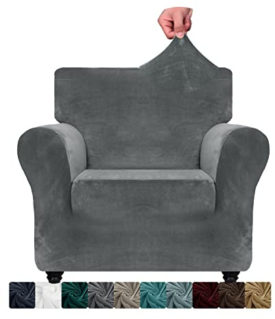 CHELZEN Velvet Chair Covers for Armchairs 1 Seater Thick Stretch Couch Covers for Dogs Pets Non-Slip Chair Slipcover with Arms Furniture Protector for Living Room (1 Seater, Gray)