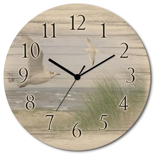 ARTLAND Wanddeko Wanduhr ohne Tickgeräusche aus Holz Funkuhr lautlos rund Ø 30 cm Nordseestrand mit Möwen J5QH Landschaften Strandbilder
