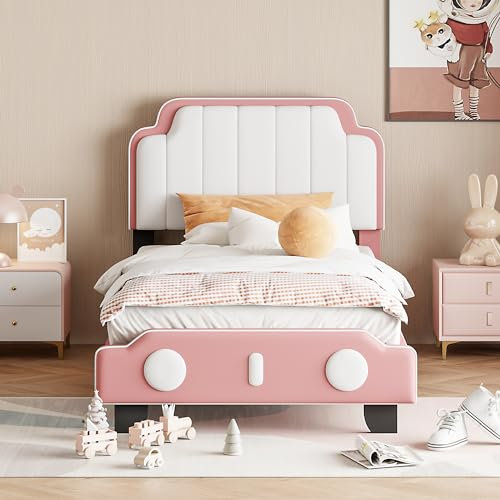 ZYLOYAL10 Kinderbett Polsterbett, PU-Leder Zweifarbig, passend für Jungen und Mädchen, einzigartiges Styling mit Lattenrost Flachbett (Matratze Nicht enthalten) (90 * 200 cm Rosa)