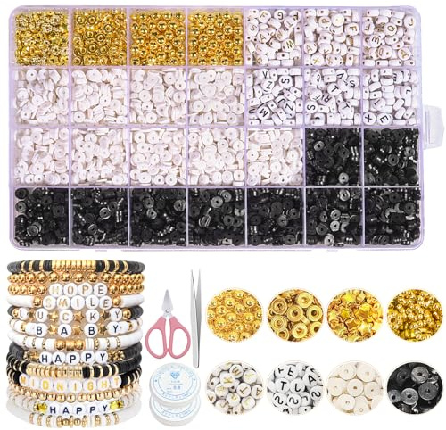 CoKeeSun 4800 Stück Perlen für Kinderarmband, 6 mm, flache Heishi-Perle für Armband, mit 2 elastischen Kordeln und 1 Schere, 1 Pinzette, Schmuckherstellung für Erwachsene und Kinder