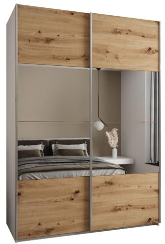 MEBLE KRYSPOL LUX 4 Schrank mit 2 Schiebetüren mit elegantem Spiegel in der Mitte der Front - Geräuschloses Schließen - System HETTICH Topline L - 245,5x170x64cm - Weiß, Artisan, Silber