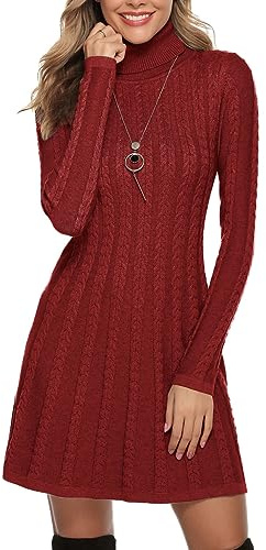 Gyabnw Vestido de Punto para Mujer Elegante Vestido de Suéter de Cuello Alto Jersey de Manga Larga de Una Línea para Otoño Invierno