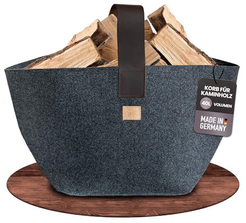 Panier à bois de cheminée design en feutre [40 l] – Fabriqué en Allemagne – Panier à bois de cheminée en feutre rPET upcycling avec anse en cuir véritable – Panier à bois de chauffage stable et stable