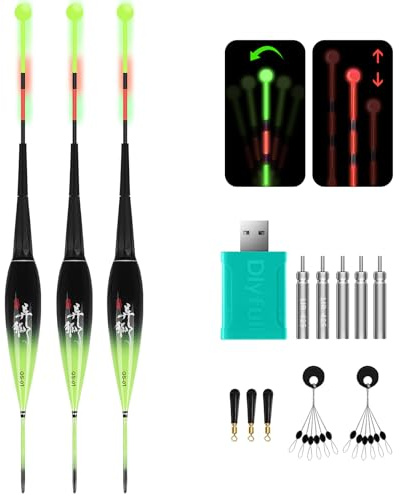 QualyQualy 3 Stück LED Angelposen Posen Mit Bissanzeiger Fishing Posen Set Mit Gravity Sensing Und Basis Leuchtpose Angelposen Forellenposen Angel Zubehör Mit 3 Stück Gummistopfen
