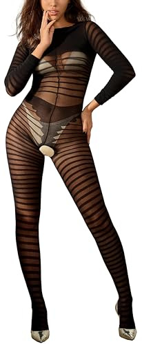 Walang Frauen Sexy Elastische Gestreifte Ganzkörperstrümpfe Strumpfhosen Dessous Chemise Öffnungs-Leggings Durchsichtig Einteiliger Nachtwäsche